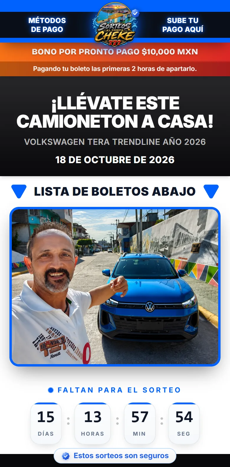 Página real de EL COMPA CHEKE con su logo, su color y su rifa