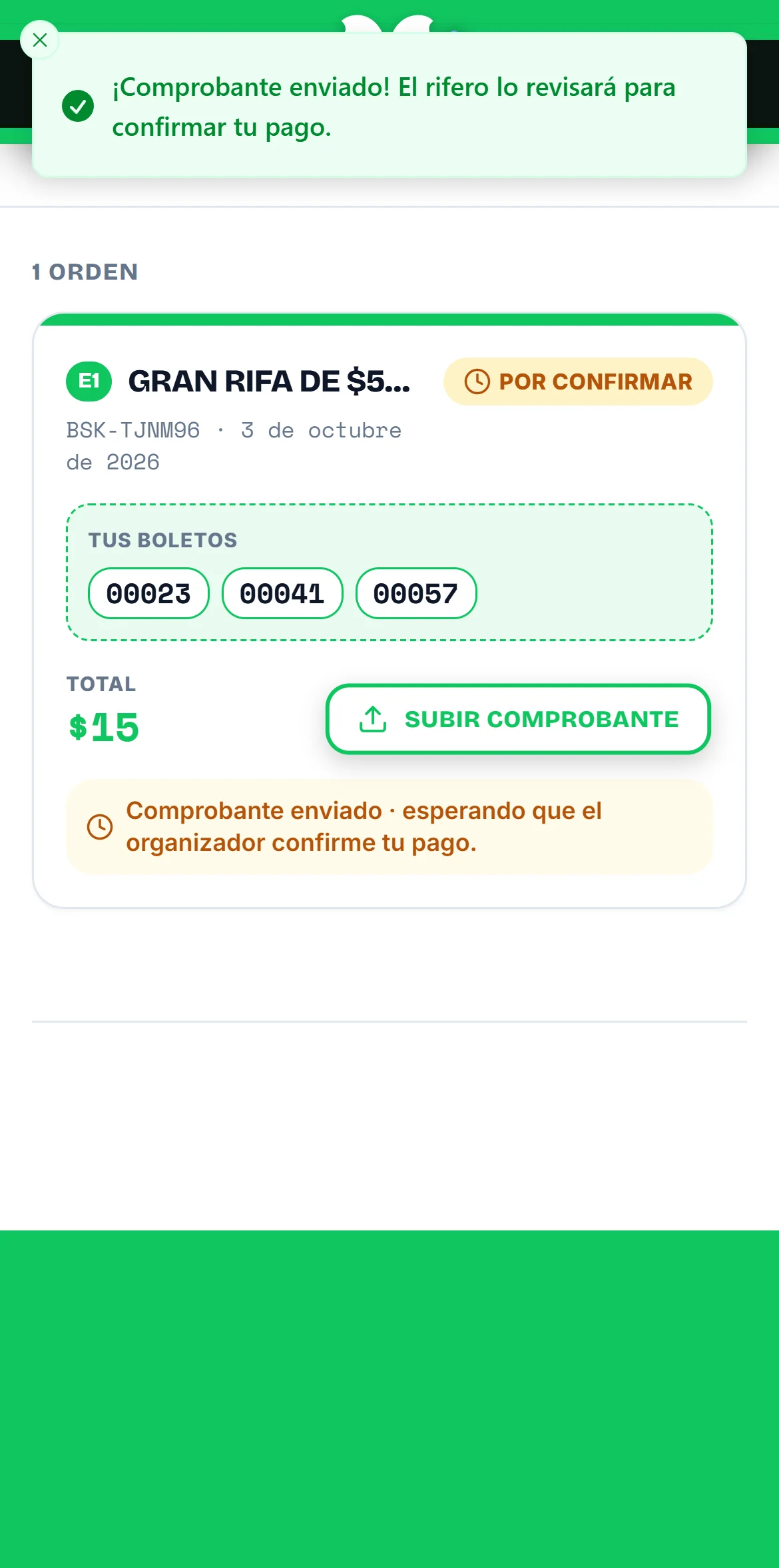 Billetera del comprador: comprobante enviado, esperando que el organizador confirme el pago de los boletos 00023, 00041 y 00057